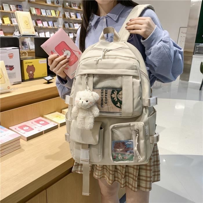 Avec pendentif blanc beige sac dos Style Preppy pour femmes
