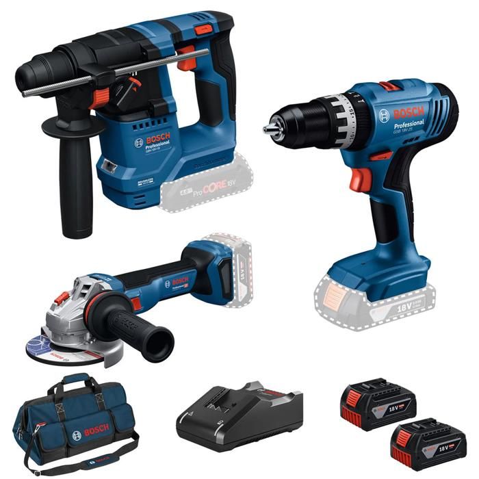 COMBO KIT 3 OUTILS 18V sans fil BOSCH PRO : GSB 18V 25 + GBH 18V 18 + GWS 18V 8 + 2 batteries GBA 40Ah + chargeur GAL 18V 40 SAC