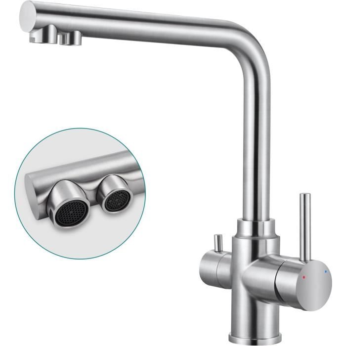 Robinet De Cuisine 3 Voies Chromé Pivotant 360° - Mitigeur Avec Filtre à Eau, Laiton, Moderne, Neuf