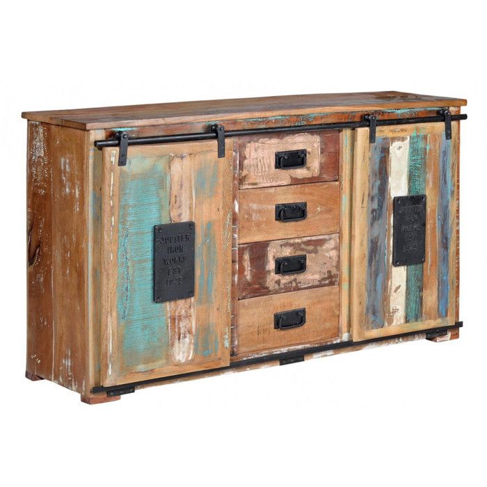 Buffet bas - GINER Y COLOMER - Bois recyclé - Multicolore - 4 tiroirs - 2 portes coulissantes