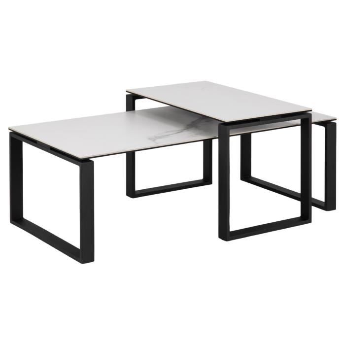 lot de 2 tables basses - emob - nicola - plateau en céramique blanc - cadre noir mat - style contemporain