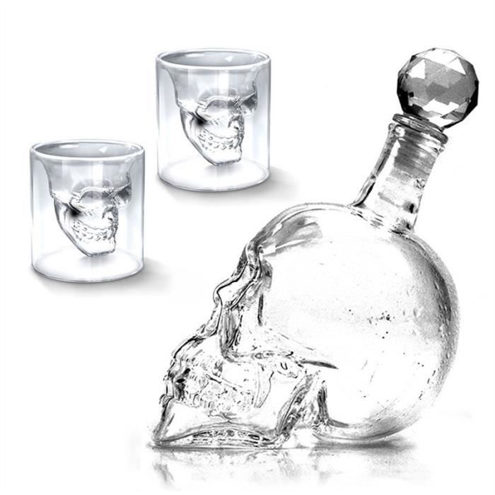 1000ML Bouteille Verre Alcool Vide Skull avec 2 pcs verres 73ML