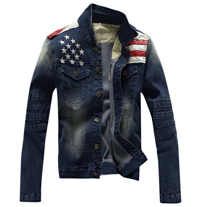 Veste homme en jean Aviateur en revers impression Bleu Cdiscount