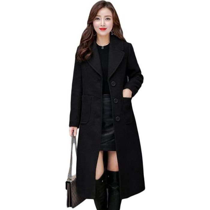 Manteau Femme Mi long Col Revers Manches Longues Couleur Unie Boutons