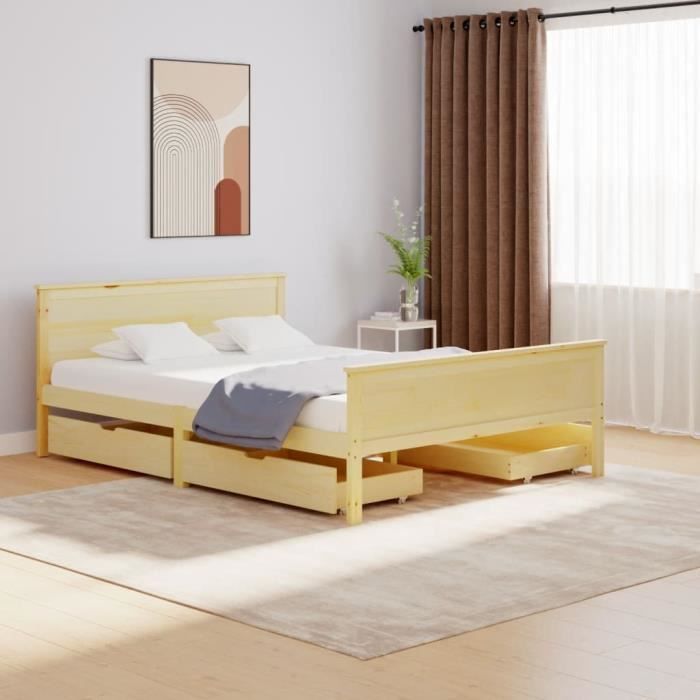 Cadre De Lit Double 140x190 Avec Tête De Lit En Bois Et Structure Métal VECELO