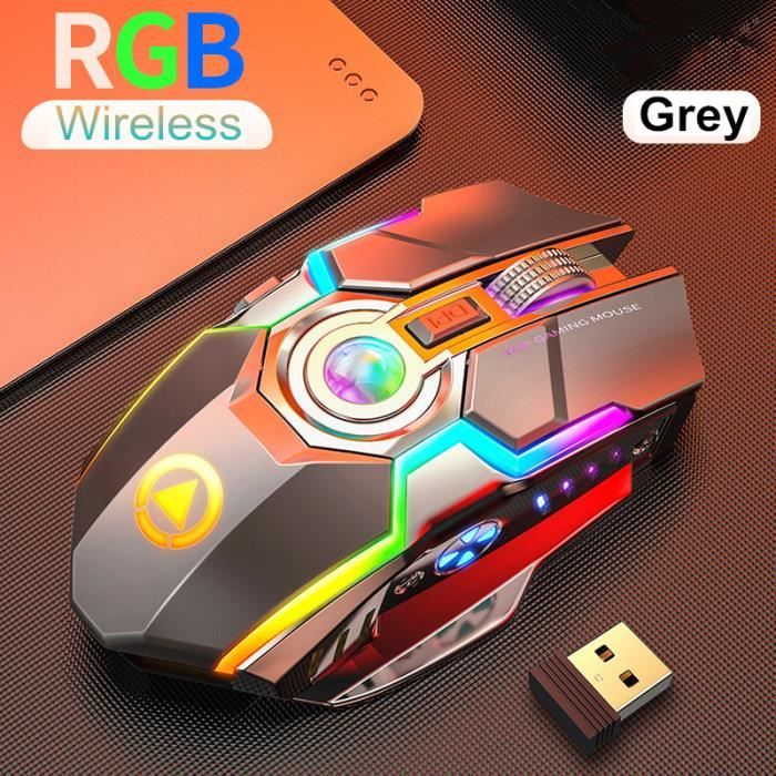 RGB lumière LED Souris Sans fil 2.4G Jeux de Souris Gaming 7 boutons  Réglable rechargeable -GRIS