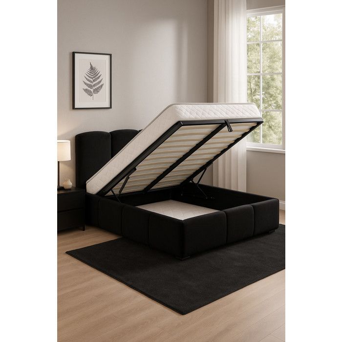 Lit Coffre de Rangement Delphine en Velours – Élégance Douce et Fonctionnalité Optimale (Taille: Noir - Couleur: Lit + Sommier