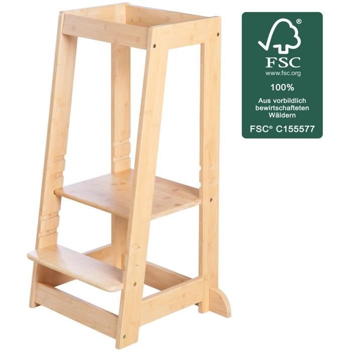 Tour Montessori Multifonction 3 En 1 En Bambou KYWAI – Échelle D'Observation Réglable, Tabouret Enfant Cuisine & Salle De Bain, Sécurité Anti-Chute, Dès 18 Mois Jusqu'à 6 Ans