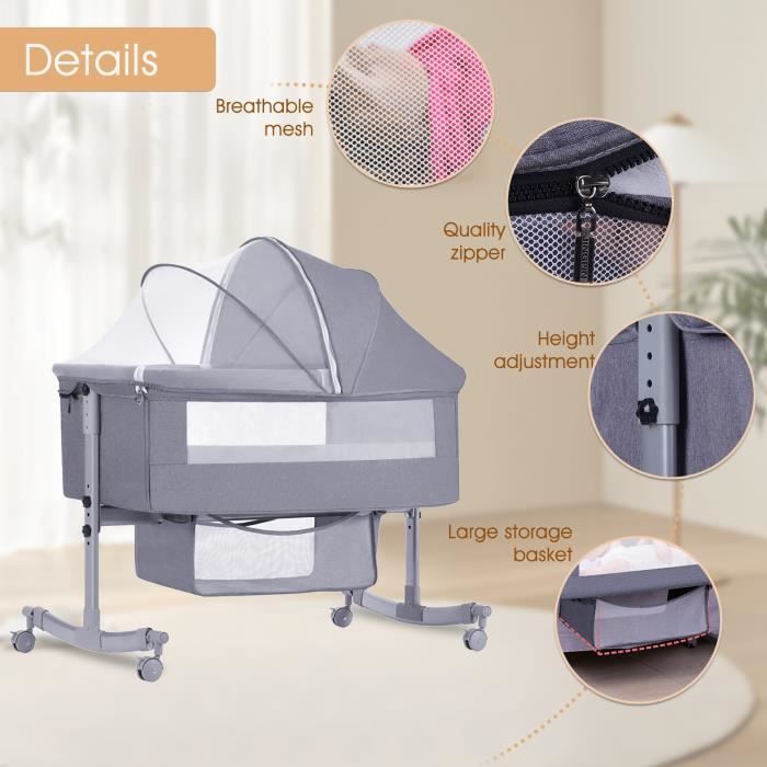 Sinbide Berceau Lit Cododo Bébé Pliable - Couffin Bercelonnette - 3 En 1 - Hauteur Réglable - Avec Matelas Et Moustiquaire - Puériculture & Eveil Bébé