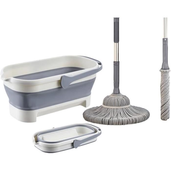 Serpillière Et Seau Essoreur – Système à 2 Compartiments Avec 2 Tampons Microfibre, Balai Plat De Nettoyage Sol Et Ménage, Mop De Sol Plat Avec Seau De Nettoyage, Gris – ALANBERG