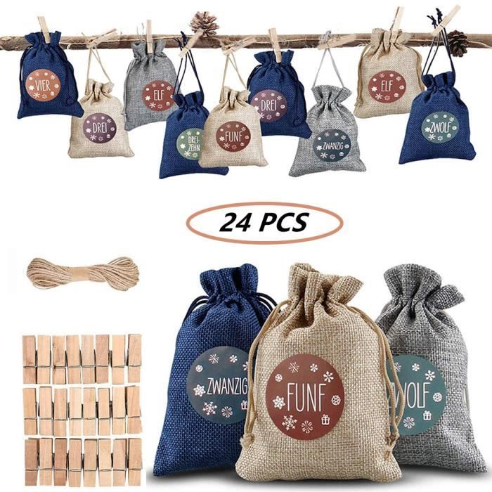 24Pcs Sachets en Toile de Jute Pochette Suspendus pour calendrier