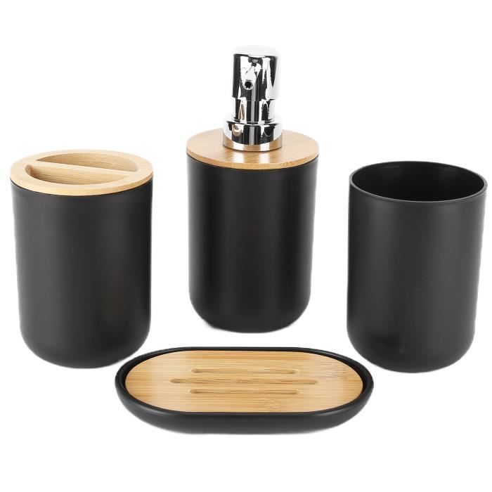 Set Salle De Bain 4 Pièces En Bambou - Porte-Brosse à Dents, Distributeur, Porte-Savon Et Rince-Bouche