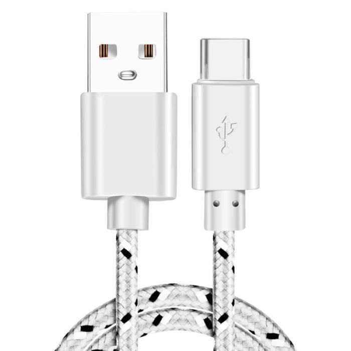 Chargeur pour Huawei nova 2 / nova 3 / nova 4 / nova 5T / nova 8i Cable USB-C Tressé Cordon Nylon Renforcé Type-C Blanc 1m