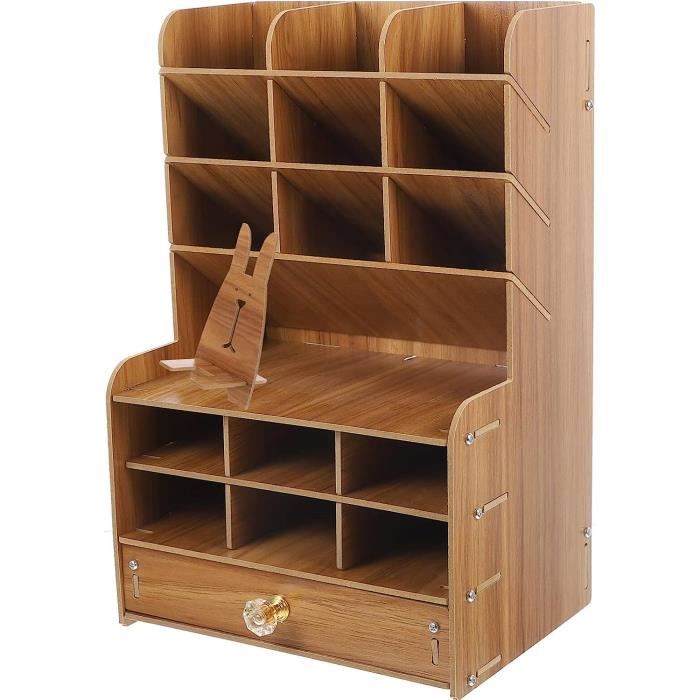 Organisateur De Bureau En Bois Massif Marron - Range Papeterie Avec Fente Pour Courrier
