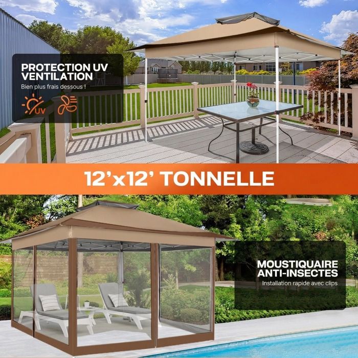 Tonnelle De Jardin Outsunny 3,6x3,6m Pliante - Double Toit, Moustiquaires Et Sac De Transport - Kaki/marron