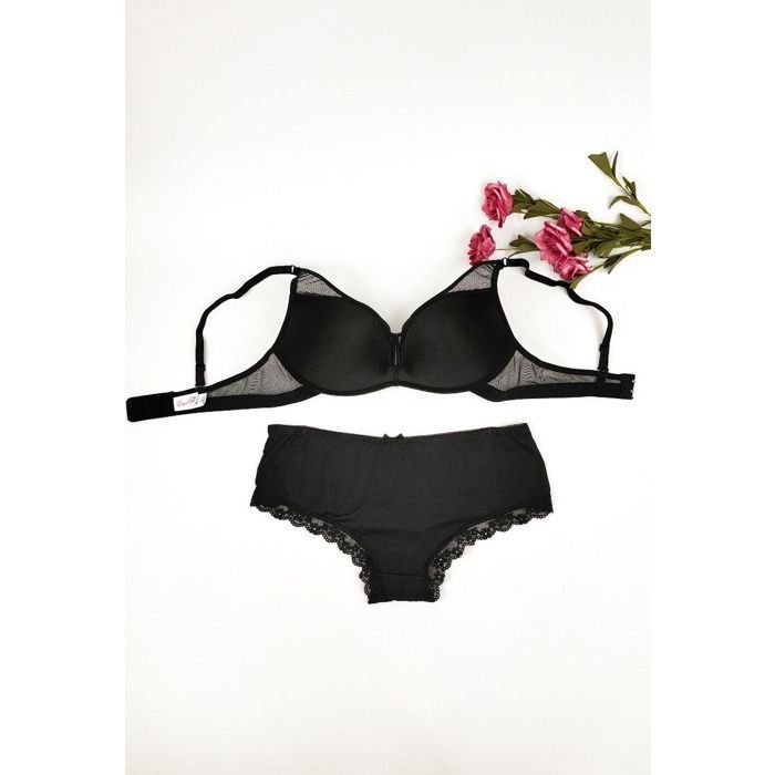 Ensemble Lingerie Snow Rose - Soutien-gorge Bonnet C & Culotte - Noir Opaque - Taille M à 3XL