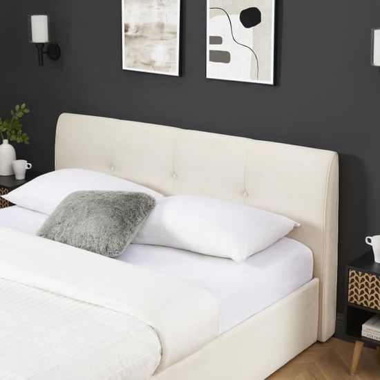 Lit Coffre SEGURO 90x190 - Velours Beige, Sommier à Lattes Inclus | Rangement Intégré, Tête De Lit Capitonnée