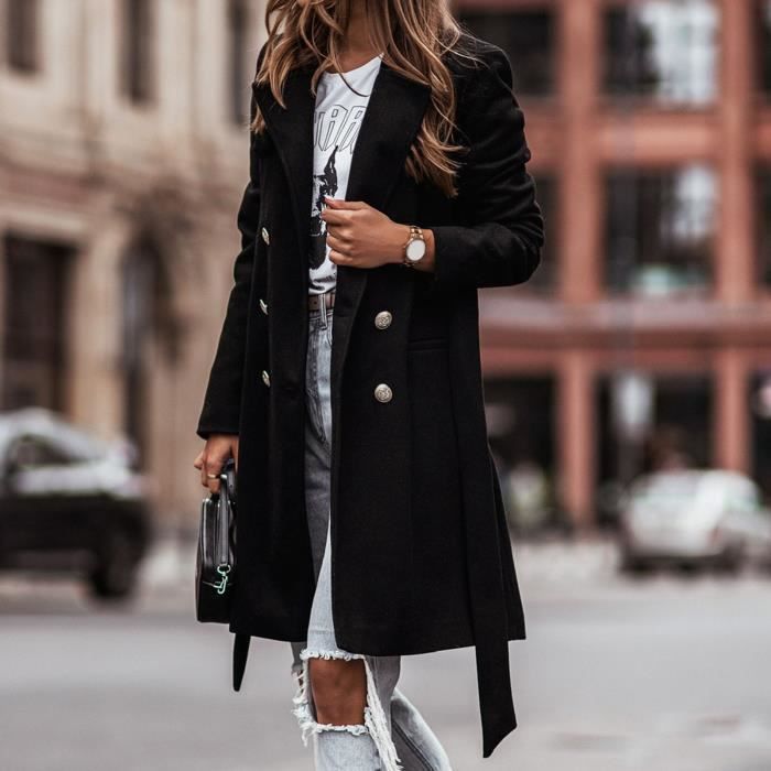 MANTEAU CABAN PARDESSUS Manteau femme oversize couleur unie double boutonnage automne hiver Cdiscount Pret a Porter