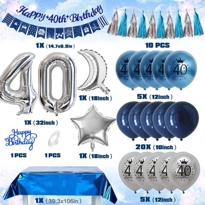 40 Ans Anniversaire Homme,Anniversaire 40 ans Bleu Argent Ballon 40 ans  Bannières de Joyeux,Ballons en Feuille Nappe Cake Top 808 - Cdiscount Maison