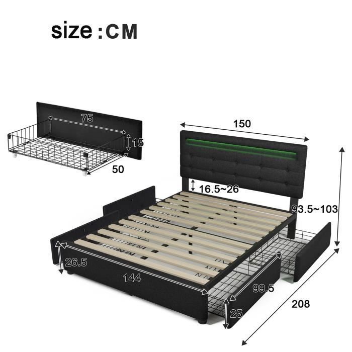 Lit Coffre 140x200 Cm Avec Tête De Lit Réglable En Hauteur, Velours