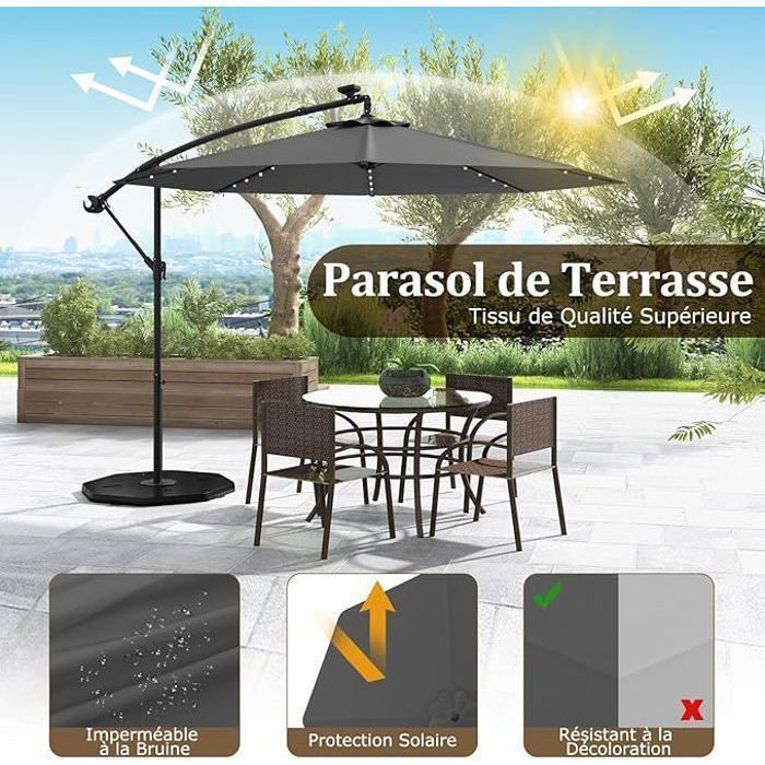 Parasol Déporté Exterieur Lumières LED Solaires 3M, 8 Côtes, Réglages d Parasol Déporté Exterieur Lumières LED Solaires 3M, 8 Côtes, Réglages d