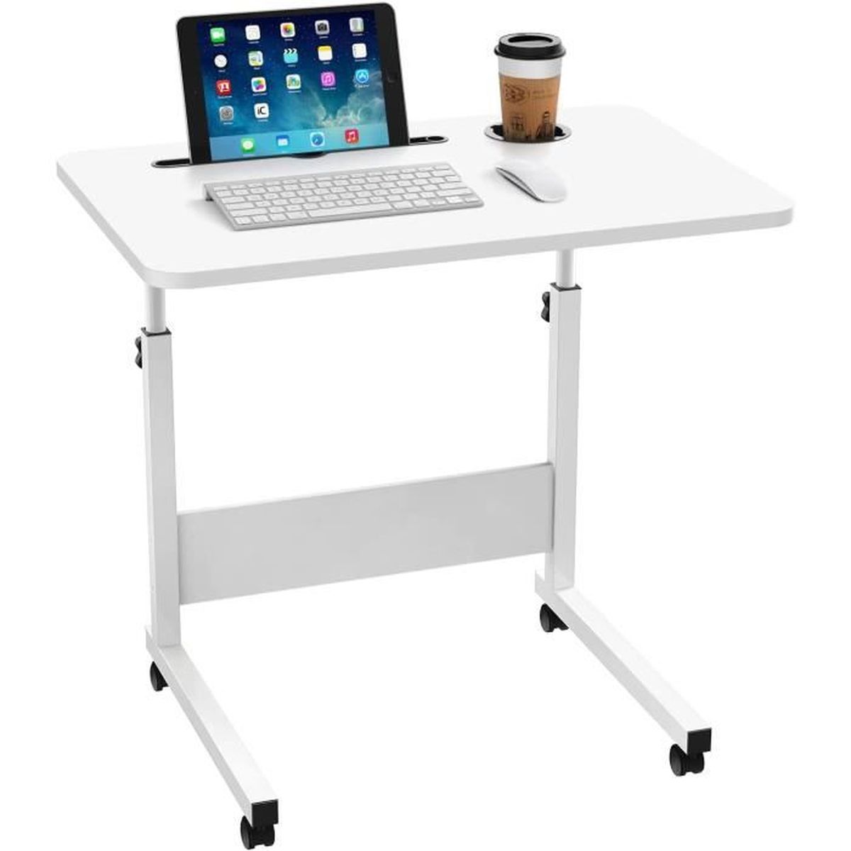Blanc Table pour Ordinateur Portable Réglable en Hauteur Avec 4 Roulettes/fente de carte/Porte