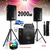 Pack Sono Ibiza Sound 2000W - Caisson 800W - 2 Enceintes 600W - Table de Mixage DJ21USB - 2 Jeux de Lumière Magic Light - Astro Bat