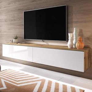 MEUBLE TV Meuble TV / Meuble de salon - KANE - 180 cm - chêne wotan / blanc brillant - sans LED - style moderne