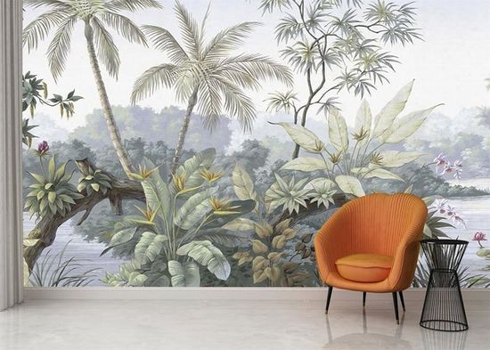 Papier Peint Panoramique Jungle 3D Peinte à la main De La Plante Tropicale Palmier 350x250cm Soie Personnalisé Fresque Murale - Bricolage