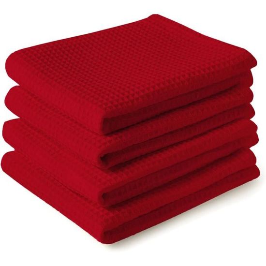 Lot De 6 Torchons De Cuisine 30x30 Cm - 100% Coton Gaufré Super Absorbant - Rouge Et Rose