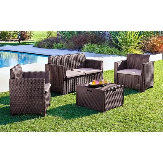 Set Salon D'Extérieur Venere Dmora - 4 Places, Effet Rotin, Made In Italy, Couleur Tourterelle
