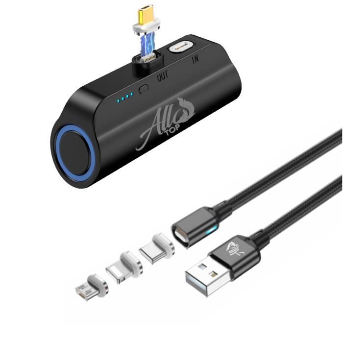 Câble chargeur magnétique 3en1 et sa mini batterie externe de secours 3000 mAh USB-C / Micro usb / iOS - Noir