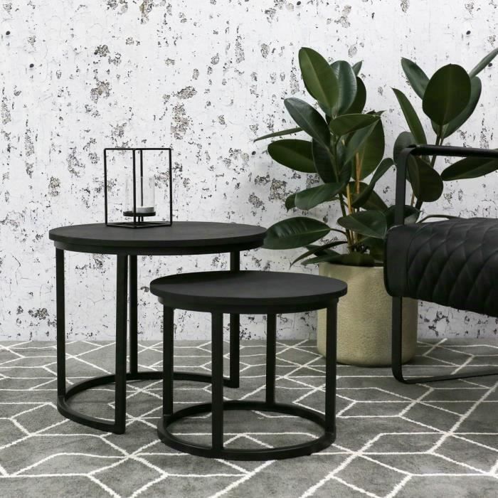 Rosa Noir - Table Basse Bois Massif Double Plateaux Industriel
