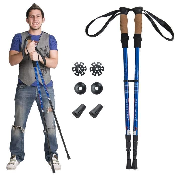 COSTWAY Bâton de Randonnée Bâton de Marche en Aluminium Anti-Choc avec 3 Longueurs Réglables 65-135CM Bleu