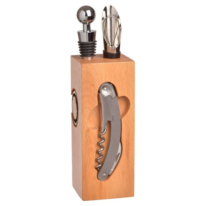 10ViN 36-1K-011 Bloc du sommelier Bambou Beige Set de 6 accessoires à vin Gris et noir Acier inoxydable et silicone H22 x 6 x 6 cm