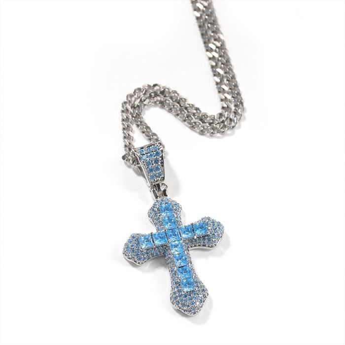 Collier croix zircon bleu mode hip hop chaîne de chandail all-match diamant travail lourd