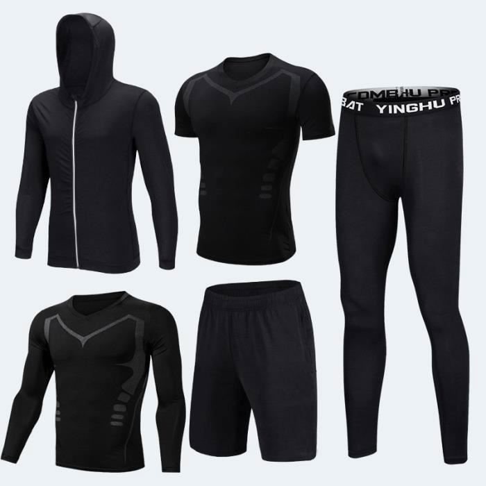 Ensemble de vêtements de sport homme 5 pcs T shirt manches longues-courtes+Collant Running+Short+Sweatshirt De Compression Fitness