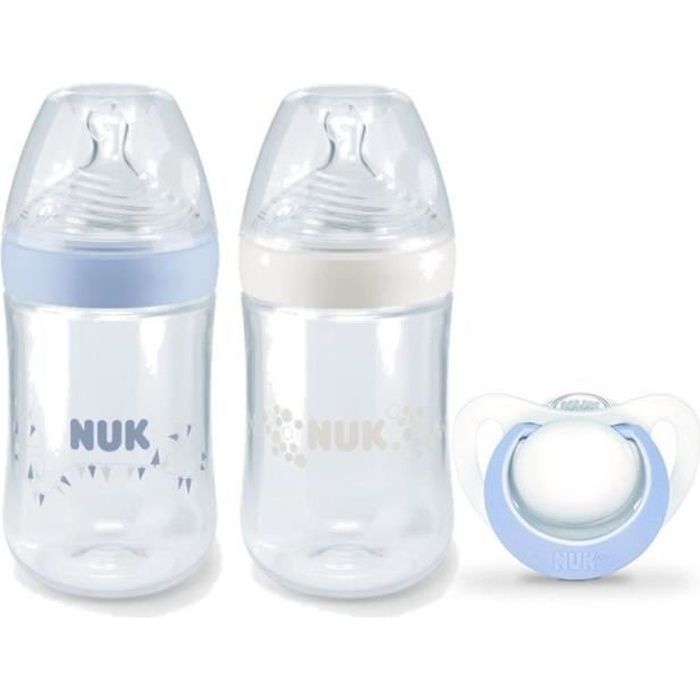 NUK Lot de 2 biberons Nature Sense 260ml + 1 sucette - Bleu