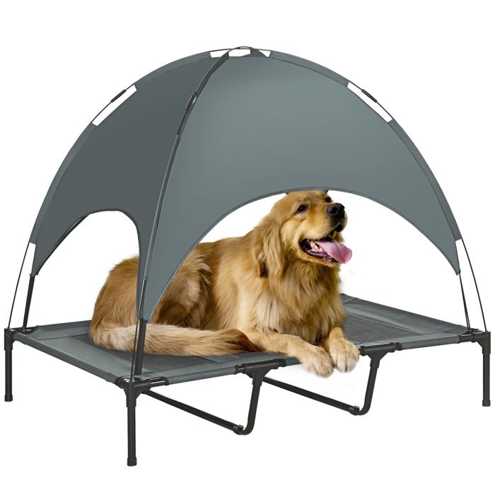 Lit pour chien chat sur pieds grand confort tissu oxford micro-perforé + parasol + sac de transport inclus gris noir 60