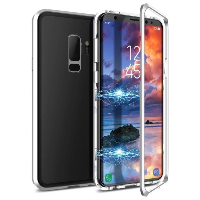 Samsung Galaxy S9 plus 2 en 1 Étui rigide avec cadre magnétique détachable Couverture arrière transparente pour PC Antichoc argent