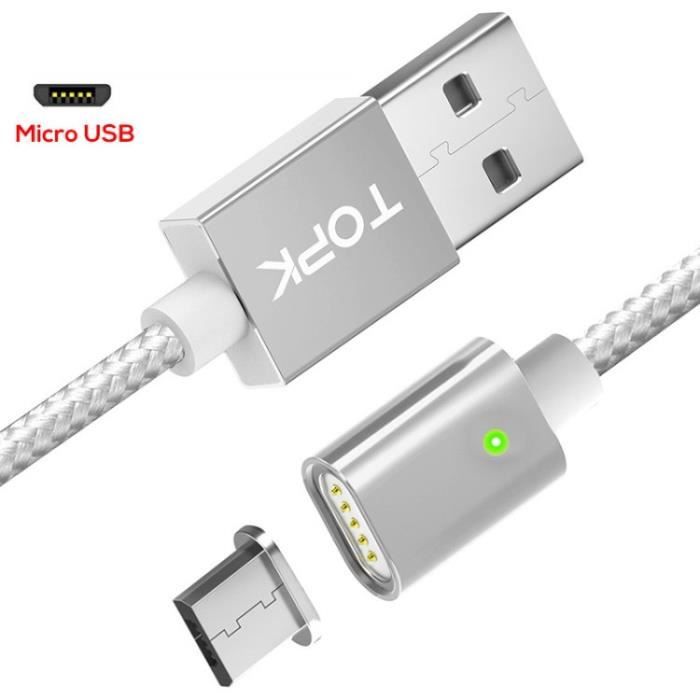 Câble de Chargeur Magnétique Micro USB Pour Android, Argent Câble Micro USB Chargeur Indicateur LED Câble Pour Samsung Huawei