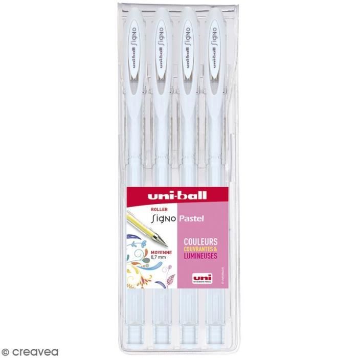 Pochette stylos roller gel Signo Pastel - Ecriture moyenne 0,7 mm - Blanc - 4 pcs