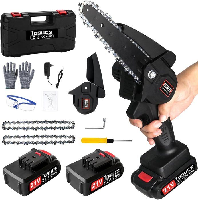 Supstable Mini Tronconneuse à Batterie 6 Pouces, Élagueuse Sans Fil pour Branches et Jardin, 2 Batteries 2Ah et Chargeur, petite Scie à Chaîne Rechargeable, Élagage de Branches et Coupe de Bois