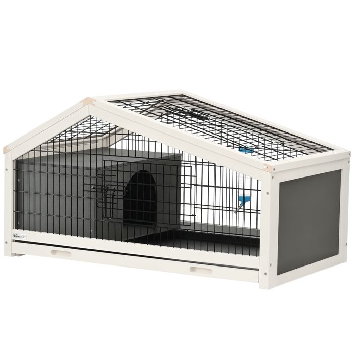 Comparer les prix de cage à lapin - PawHut - plateau déjection - porte et toit ouvrant verrouillables, abreuvoir - acier noir sapin gris blanc