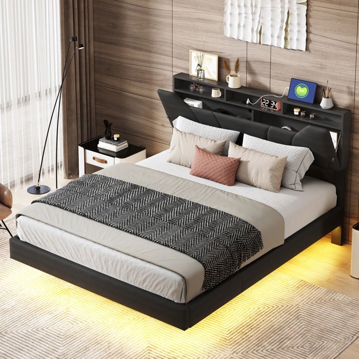Lit Double 160x200 Avec Sommier Rangement - Tête De Lit LED USB, 3 Tiroirs - Velours Gris - Charge 300kg