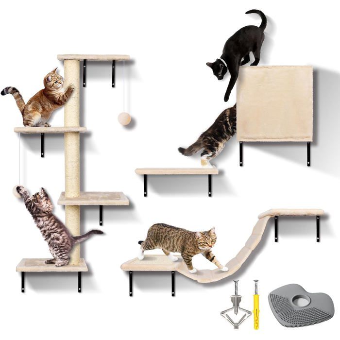 Comparer les prix de Mur D'Escalade Pour Chats - Éléments Muraux Pour Chats - 10 Pièces - En Bois Solide - Avec Grand Pont Suspendu - Arbre À Chat