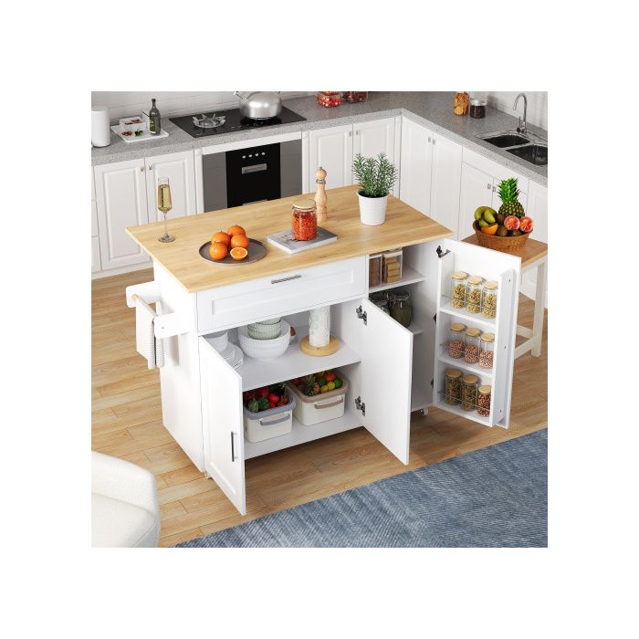 Îlot de cuisine mobile avec roulettes, table extensible, prises intégrées, compartiment poubelle et porte-serviettes, noir | Leroy Merlin