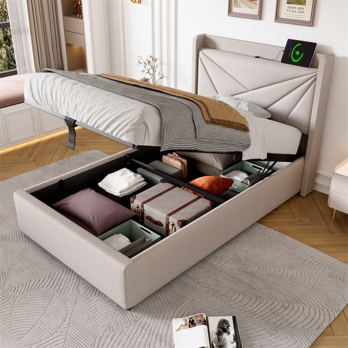 Lit coffre - Lit coffre adulte 90x200 cm - Sommier à lattes - Tissu lin beige - Ports USB & Type‑C