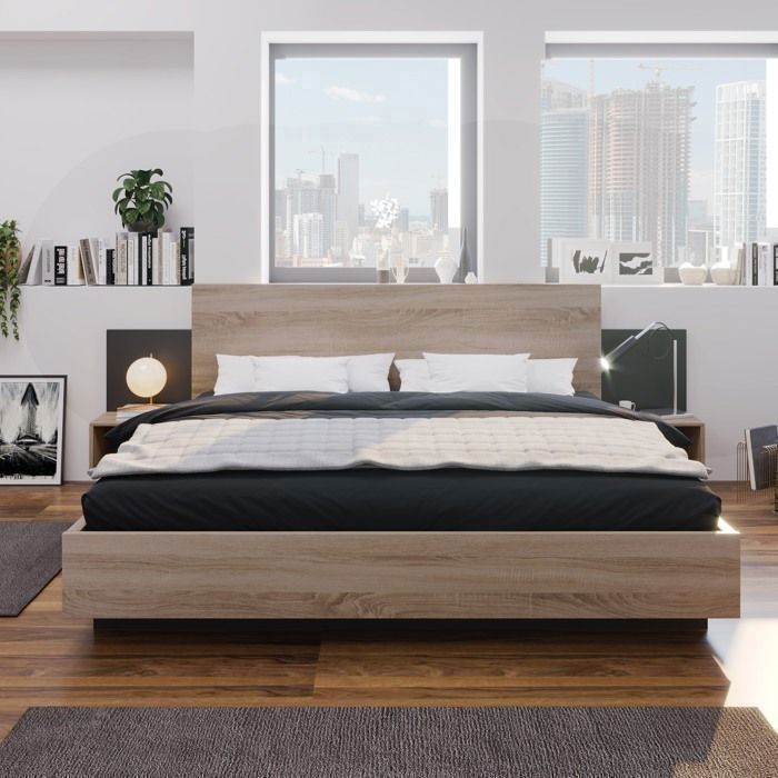 O.Ye chambre complete adulte lit 160x200 avec sommier et 2 tables de chevet Lit double bois massif moder CHAMBRE A COUCHER COMPLETE