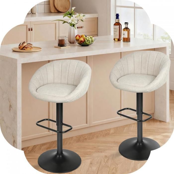 Lot de 2 Tabourets de bar avec dossier-MENGDA-Réglable en hauteur-Avec pieds en métal-Rotation à 360°-Beige